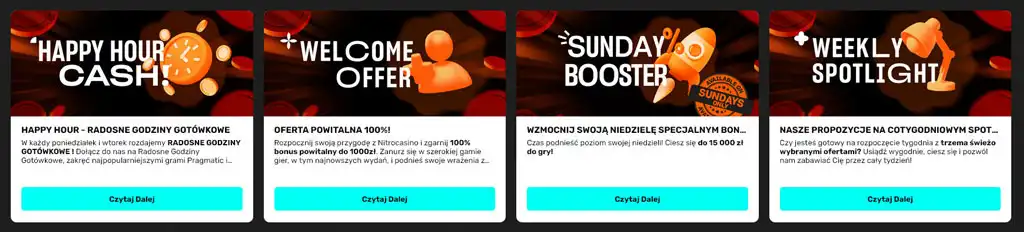 happy hour, gotówka, oferta powitalna, bonus 100%, Sunday Booster, bonus niedzielny, promocje tygodniowe, oferty specjalne