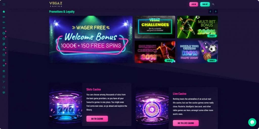 Vegaz Casino, promocje, bonusy, bonus powitalny, darmowe spiny, cashback, bonus sportowy, wyzwania Vegaz, gry kasynowe