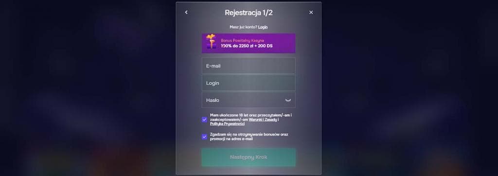 formularz rejestracji, e-mail, login, hasło, zgoda na regulamin, akceptacja promocji, przycisk Następny krok, SG Casino