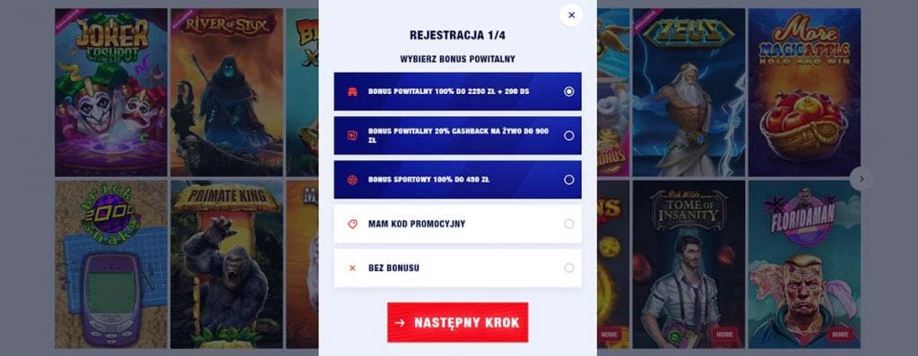 wybierz bonus powitalny, 100% do 2250 zł, 200 DS, 20 % cashback do 900 zł, kod promocyjny, bez bonusu