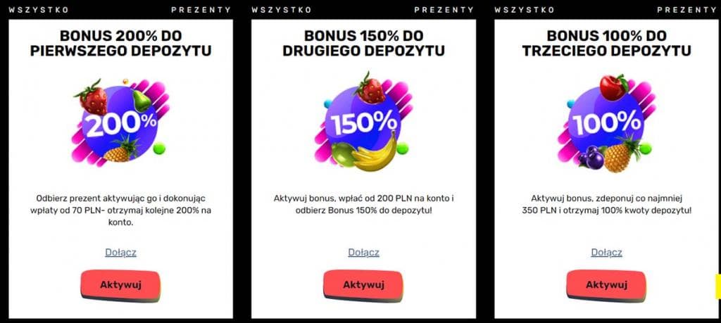 bonusy kasynowe, 200% do pierwszego depozytu, 150% do drugiego, 100% do trzeciego, przyciski Aktywuj, oferta powitalna