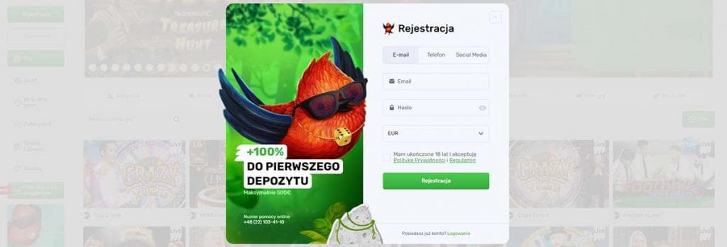 rejestracja w kasynie online, bonus do pierwszego depozytu, formularz rejestracyjny, e-mail, hasło, waluta, Lucky Bird Casino
