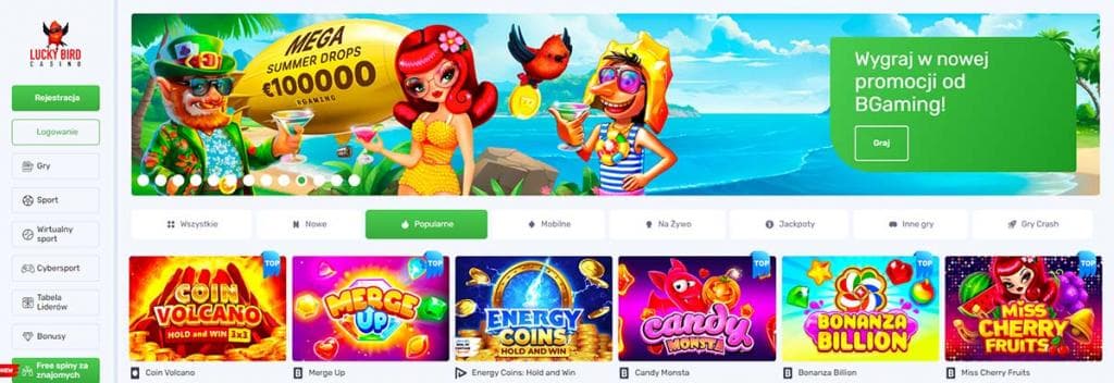 kasyno online, kolorowa grafika, promocja BGaming, wygrana 100000 euro, gry slotowe, Coin Volcano, Merge Up, Energy Coins