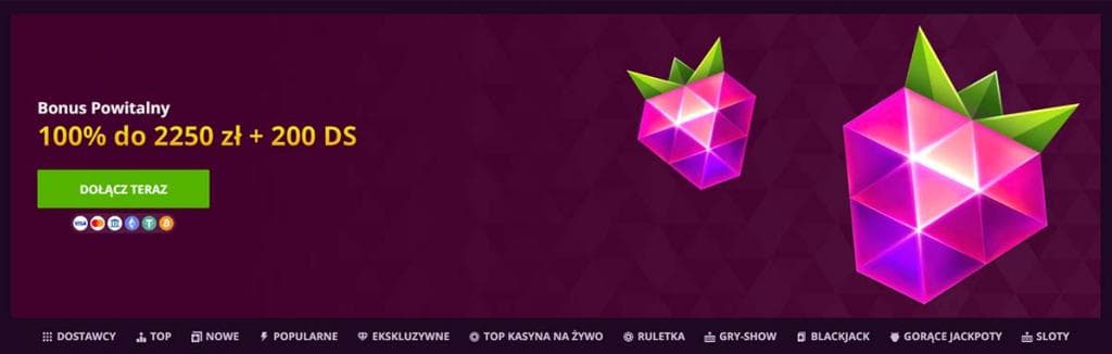 Bonus powitalny, 200 darmowych spinów, różowy kryształ malinowy, zielony przycisk Dołącz teraz, ikony płatności