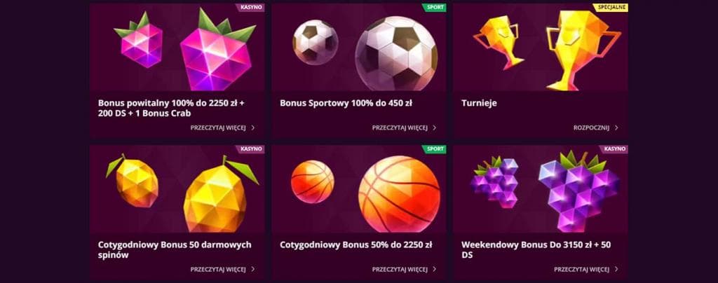 Bonus powitalny kasyno, darmowych spinów, bonus sportowy, turnieje, cotygodniowy bonus, weekendowy bonus, darmowych spinów