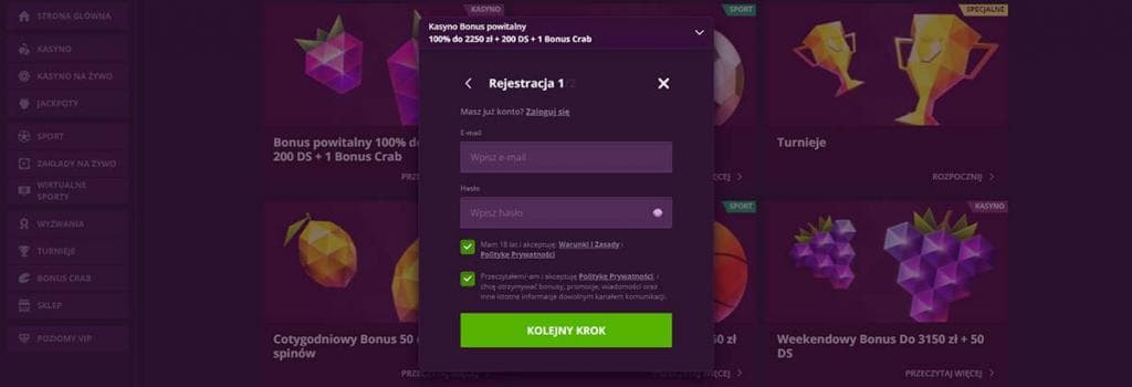 Formularz rejestracji, pole e-mail, zgoda na politykę prywatności, przycisk Kolejny krok, bonus powitalny, darmowych spinów