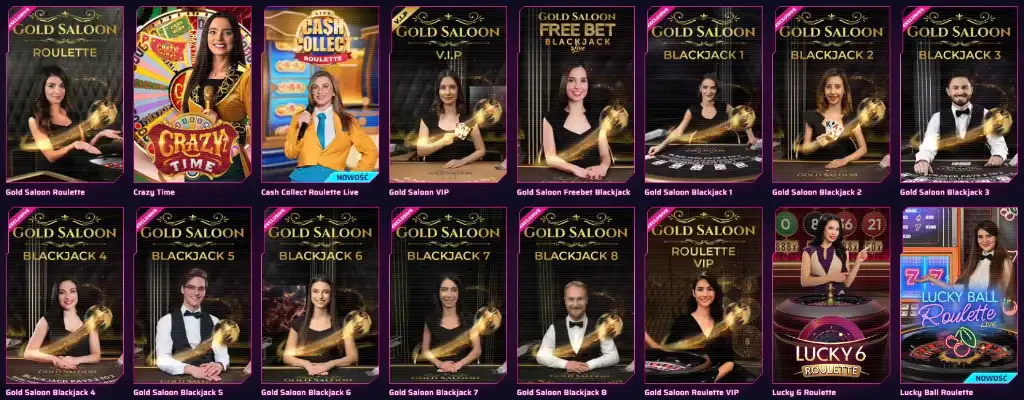 Roby Casino kasyno na żywo, gry stołowe, ruletka, blackjack, Crazy Time, Gold Saloon VIP, prawdziwi krupierzy