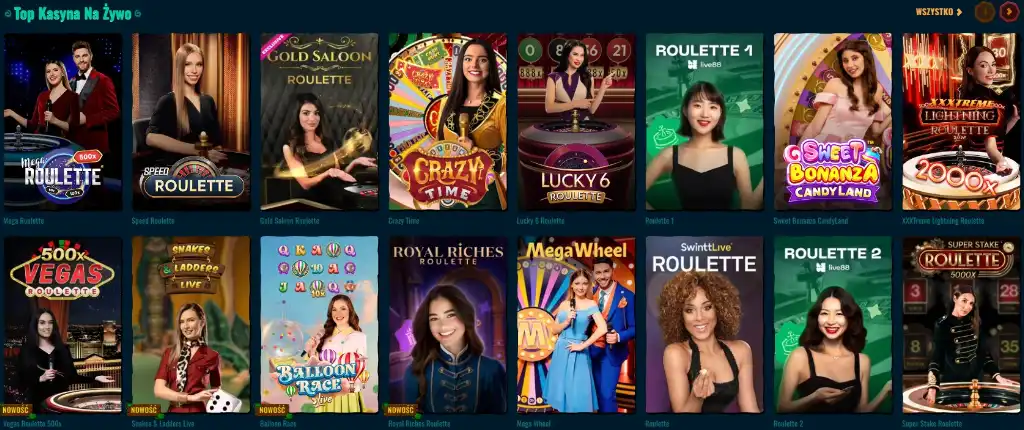 kasyno na żywo, gry z krupierami, ruletka, blackjack, Crazy Time, Mega Wheel, Sweet Bonanza Candyland, Gold Saloon Roulette