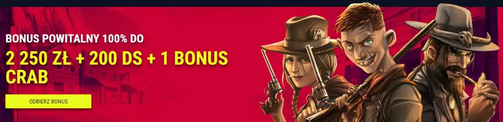 bonus powitalny, kasyno online, 2250 zł, darmowe spiny, postacie kowbojów, hazard, promocja, oferta specjalna