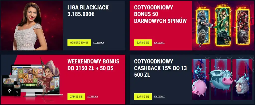 liga blackjack, bonus kasynowy, darmowe spiny, weekendowy bonus, cashback 15%, promocja online, hazard, oferta specjalna