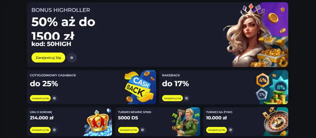 bonus highroller, cashback, rakeback, turnieje, nagrody, korona, ruletka, rejestracja, promocje kasynowe, złote monety