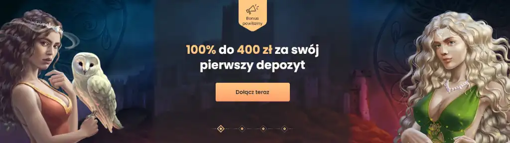 Baner powitalny National Kasyno, oferta 100% do 400 zł za pierwszy depozyt, postacie fantasy kobiety, sowa, Dołącz teraz
