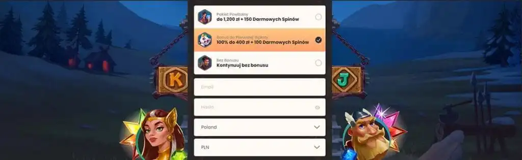Strona rejestracji National Kasyno, wybór bonusu powitalnego, darmowych spinów lub 100% do 400 zł, formularz e-mail i hasło