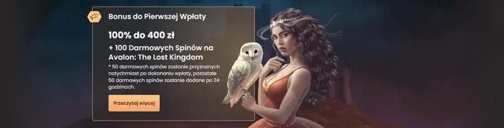 Bonus powitalny National Kasyno, oferta 100% do 400 zł + darmowych spinów na Avalon: The Lost Kingdom, postać fantasy z sową