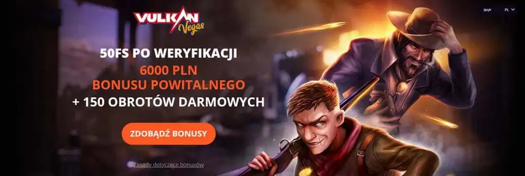 Vulkan Vegas, bonus powitalny, obrotów darmowych, postacie z bronią, akcja, przycisk Zdobądź bonusy, nocne tło, weryfikacja