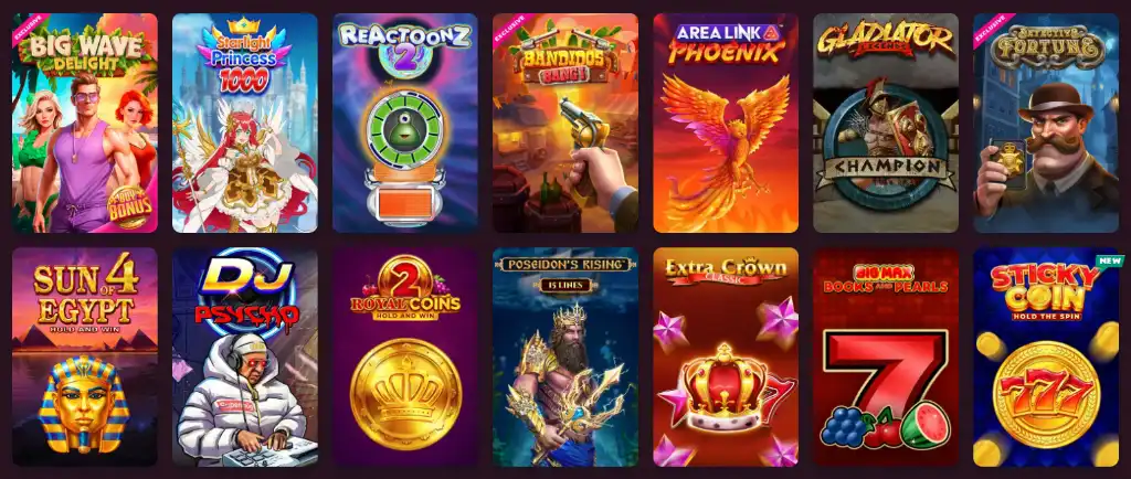 Gry na automatach 5Gringos, ikony slotów, Big Wave Delight, Starlight Princess, Reactoonz, Royal Coins, Poseidon’s Rising