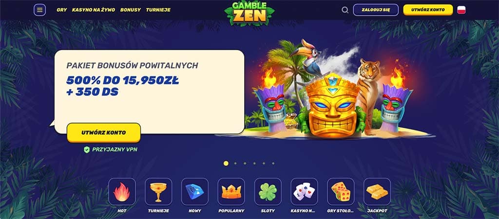 strona główna Gamble Zen, kasyno, baner, pakiet powitalny, 15950 zł, 350 DS, tygrys, złota maska tiki, kategoria gier