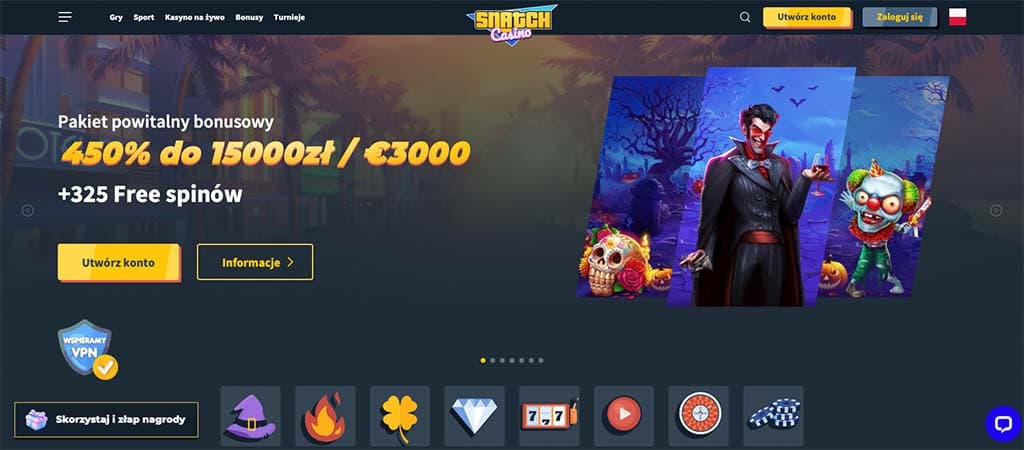 strona główna kasyna online, pakiet powitalny 450% do 15000 zł lub 3000 €, 325 darmowych spinów, przycisk utwórz konto