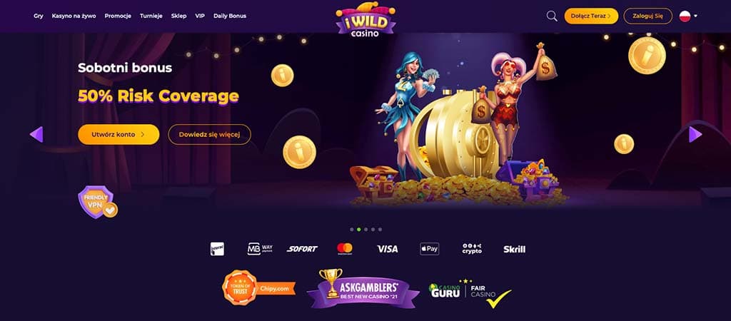 strona główna iWild, kasyno online, baner, sobotni bonus, 50% risk coverage, dwie kobiety, złote monety, metody płatności