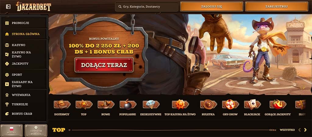 Strona główna Dazardbet, motyw kowbojski, bonus powitalny, promocje, kasyno na żywo, jackpoty, bonus, rejestracja, logowanie