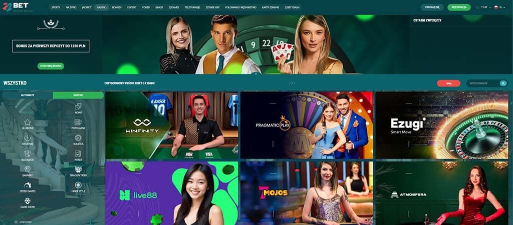 22BET strona główna, bonus do 1250 PLN, zakłady sportowe, kasyno na żywo, jackpot, poker, bingo, automaty, szybkie gry