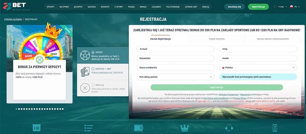 22BET, rejestracja, bonus do 500 PLN na sport, bonus do 1200 PLN na kasyno, e-mail, nazwisko, data urodzenia