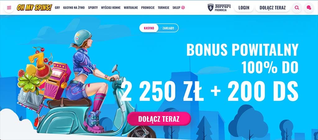 OhMySpins kasyno, bonus powitalny, darmowe spiny, 2250 zł, 200 DS, bonusy, zakłady sportowe, online, graj teraz