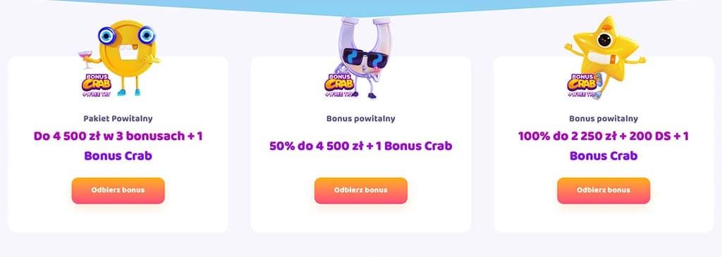 Główne menu 7Signs Casino, 7 maskotek, złota moneta, podkowa i gwiazda, Pakiet Powitalny, bonusy, Odbierz bonus, logowanie