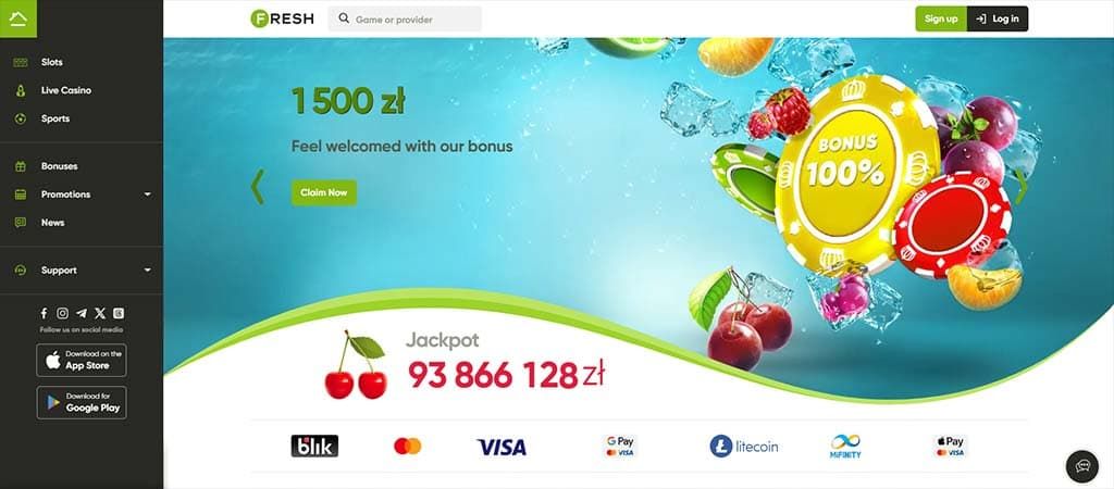 Fresh Casino, bonus 1500 zł, bonus 100%, jackpot, owoce, żetony, lód, logowanie, rejestracja, płatności, kasyno online