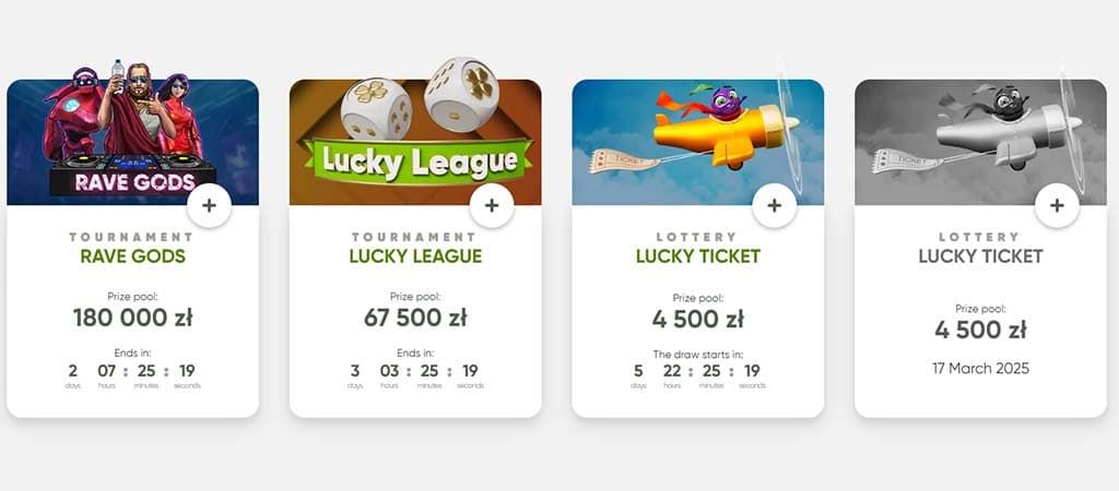 turnieje kasynowe, Rave Gods, Lucky League, Lucky Ticket, pula nagród, losowanie, loteria, zegar, samolot, kości, Fresh Casino