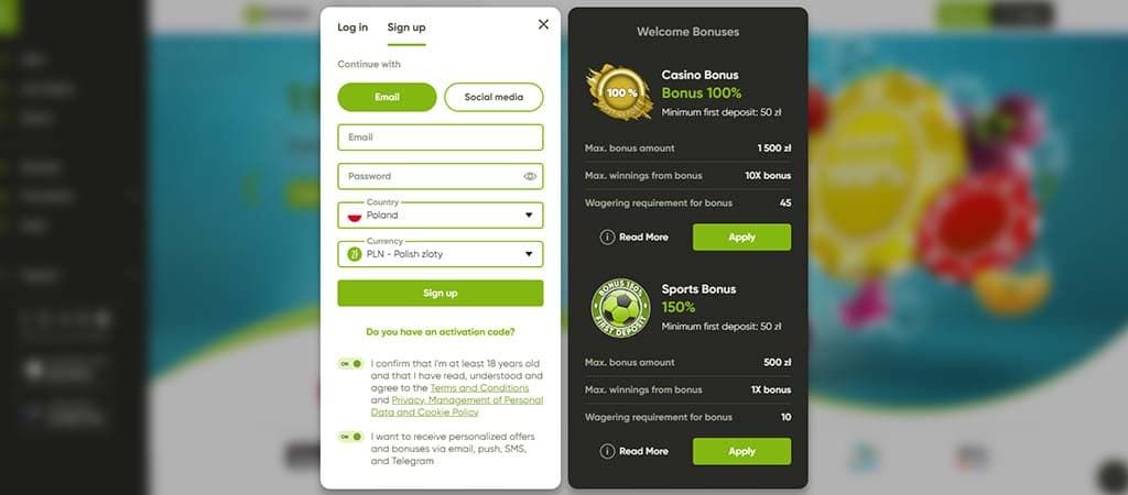rejestracja, Fresh Casino, e-mail, hasło, kraj Polska, waluta PLN, bonus kasynowy, depozyt, promocje, zapisz się