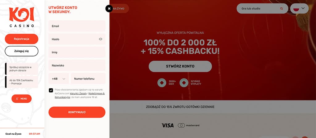 rejestracja, koi casino, kasyno online, strona internetowa