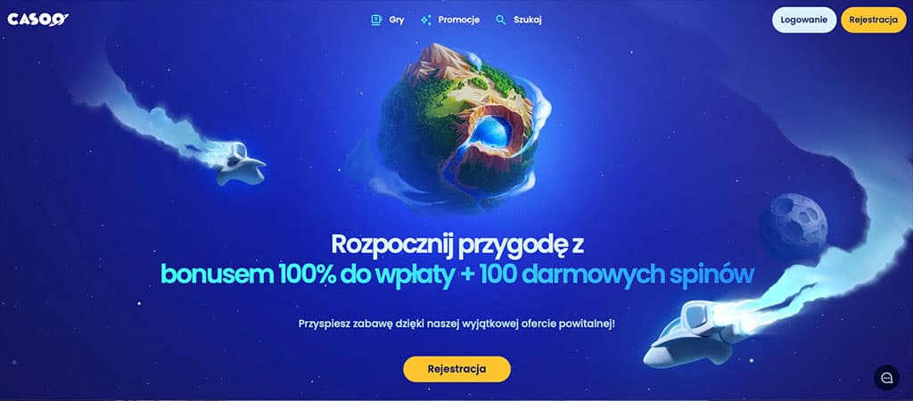 gry kasynowe, bonus powitalny, 100% do wpłaty, 100 darmowych spinów, strona główna, Casoo Casino, kosmos, statek kosmiczny