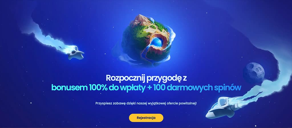 bonus powitalny, darmowe spiny, 100% bonus, Casoo Casino, promocja, planeta, statek kosmiczny, kosmos, oferta, rejestracja