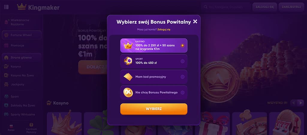 bonus powitalny, kingmaker kasyno, strona internetowa