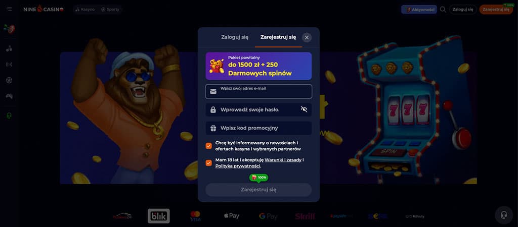 Nine Casino, formularz rejestracyjny, bonus powitalny 1500 zł + 250 darmowych spinów, automat do gry 777, maskotka lew, hasło