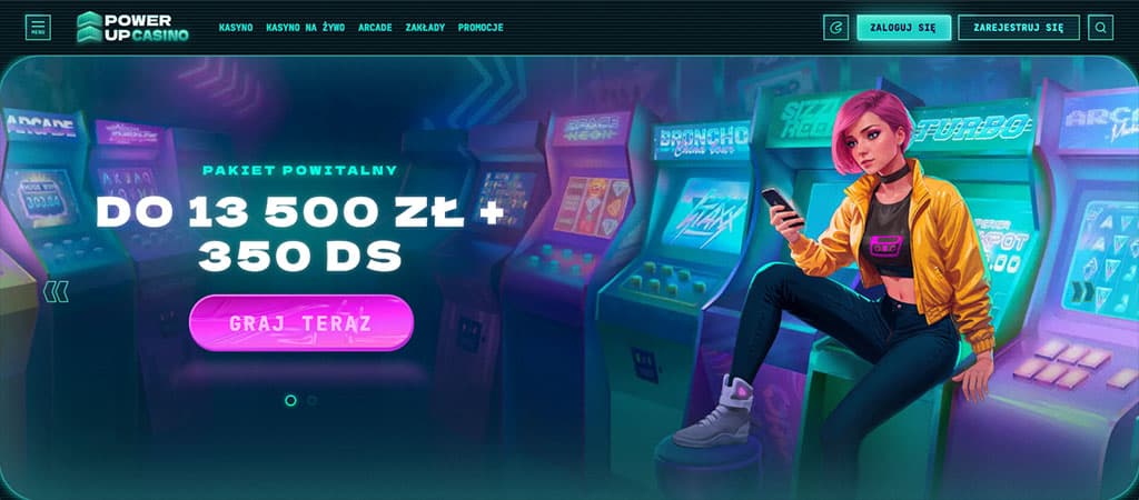 PowerUp Casino, strona główna, pakiet powitalny, neonowy styl, cyberpunk, dziewczyna, automaty do gry, darmowe spiny, bonus