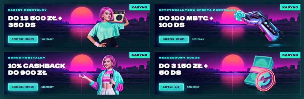 PowerUp Casino, promocje, bonusy powitalne, cashback, bonus kryptowalutowy, weekendowy bonus, neonowy styl, cyfrowe postacie