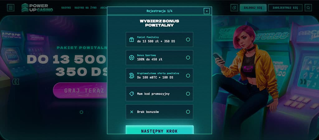 PowerUp Casino, rejestracja, wybór bonusu, bonus powitalny, bonus sportowy, oferta kryptowalutowa, kod promocyjny, formularz