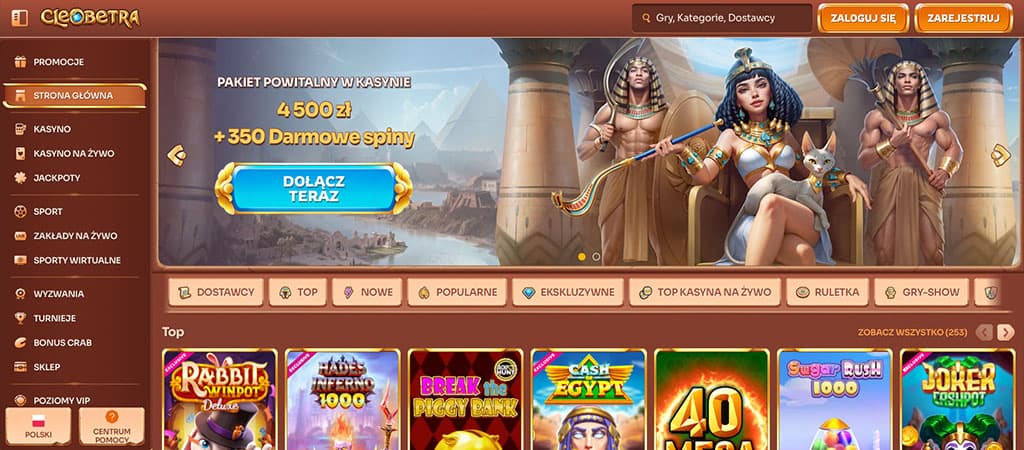 Cleopatra kasyno online, strona główna, pakiet powitalny, 4500 zł, 350 darmowych spinów, egipski motyw, Kleopatra, jackpoty