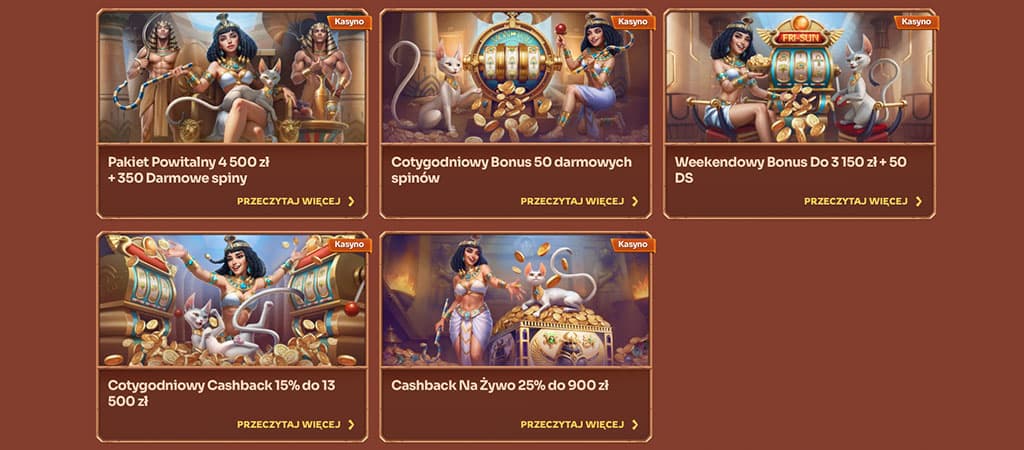 Cleopatra, promocje kasynowe, pakiet powitalny, darmowe spiny, bonus cotygodniowy, bonus weekendowy, cashback na żywo