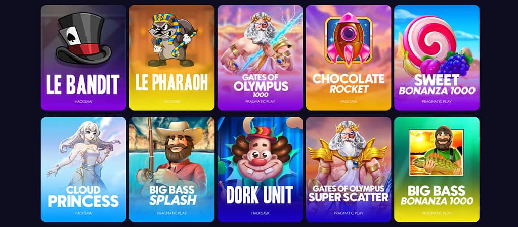 miniaturki kolorowych slotów: Le Bandit, Le Pharaoh, Gates of Olympus, Chocolate Rocket, Sweet Bonanza i inne
