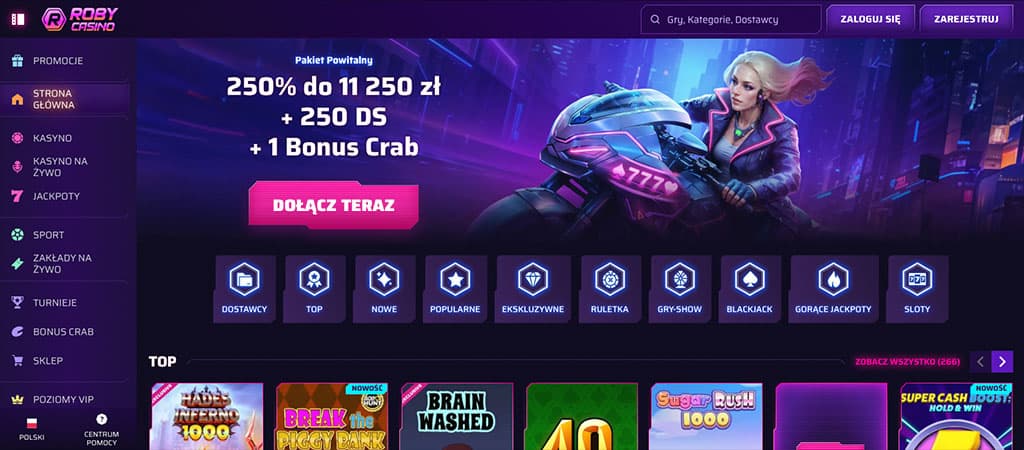 Roby Casino strona główna, pakiet powitalny, darmowych spinów, nowoczesny design, kategorie gier, rejestracja i logowanie