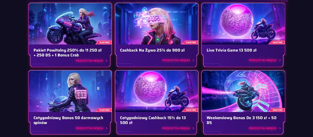 Roby Casino promocje, pakiet powitalny, cashback 25%, cotygodniowe bonusy i darmowe spiny, weekendowy bonus, futurystyczna