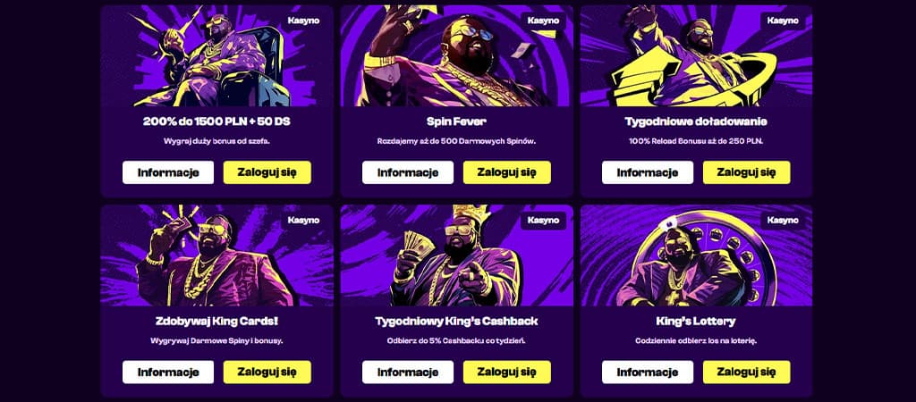 Spin Fever do 500 darmowych spinów, Tygodniowe doładowanie, King Cards, Cashback 5%, King's Lottery