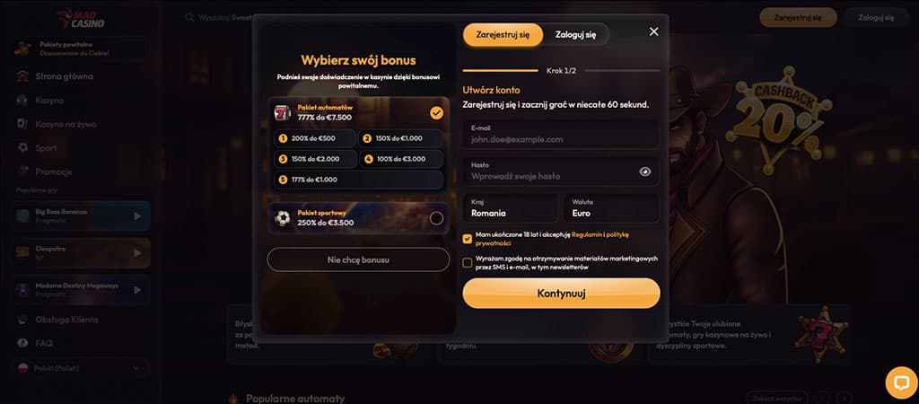 rejestracja, wybierz bonus, pakiet automatów, pakiet sportowy, konto, e-mail, hasło, kraj, waluta, Mad Casino, kasyno online