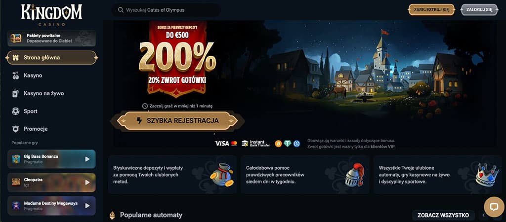 Kingdom Casino strona główna, bonus 200% do 500€, zwrot gotówki, szybka rejestracja, motyw średniowiecznego zamku, gry