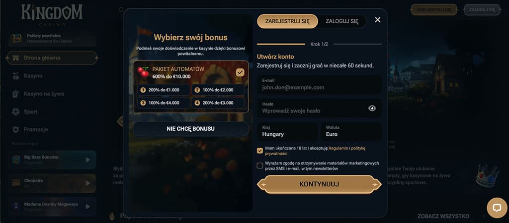 Kingdom Casino rejestracja, wybór bonusu powitalnego, formularz zakładania konta, pakiet automatów, ciemny interfejs strony