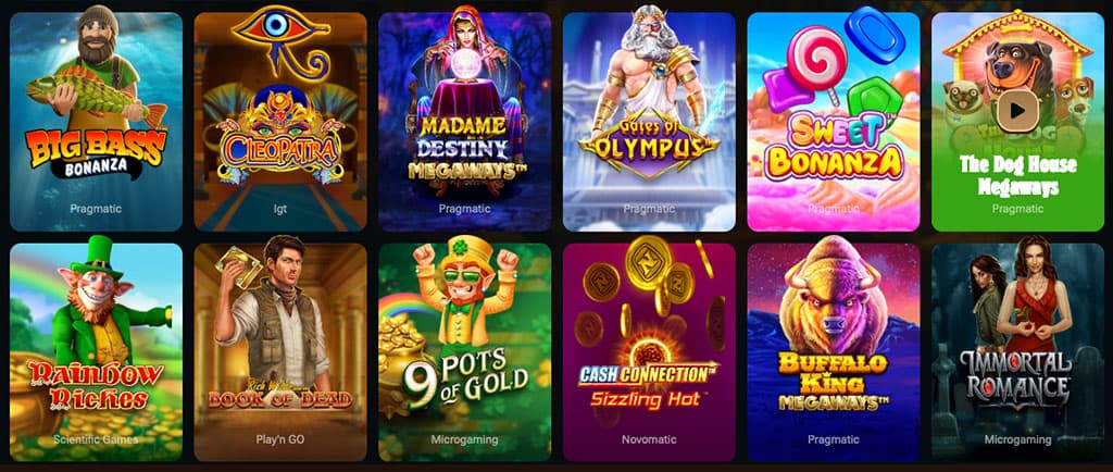 Kingdom Casino automaty online, popularne gry jak Big Bass Bonanza i Book of Dead, różnorodne ikony slotów, ciemne tło