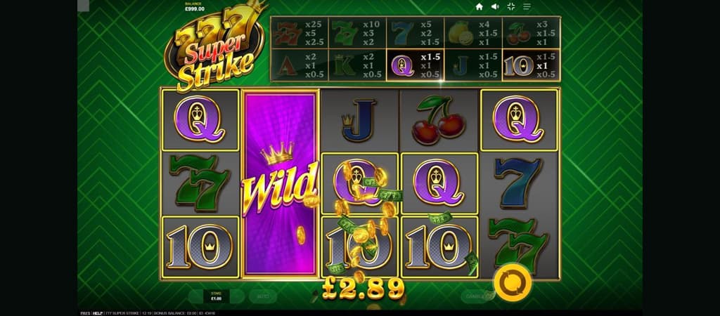 automat do gry online 777 Super Strike, wygrywający symbol "Wild", monety, tabela wypłat